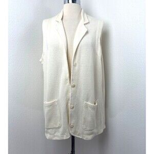 Vtg The Avenue Ivory Knit Duster Vest 14/16 Button Front Patch Pockets Country